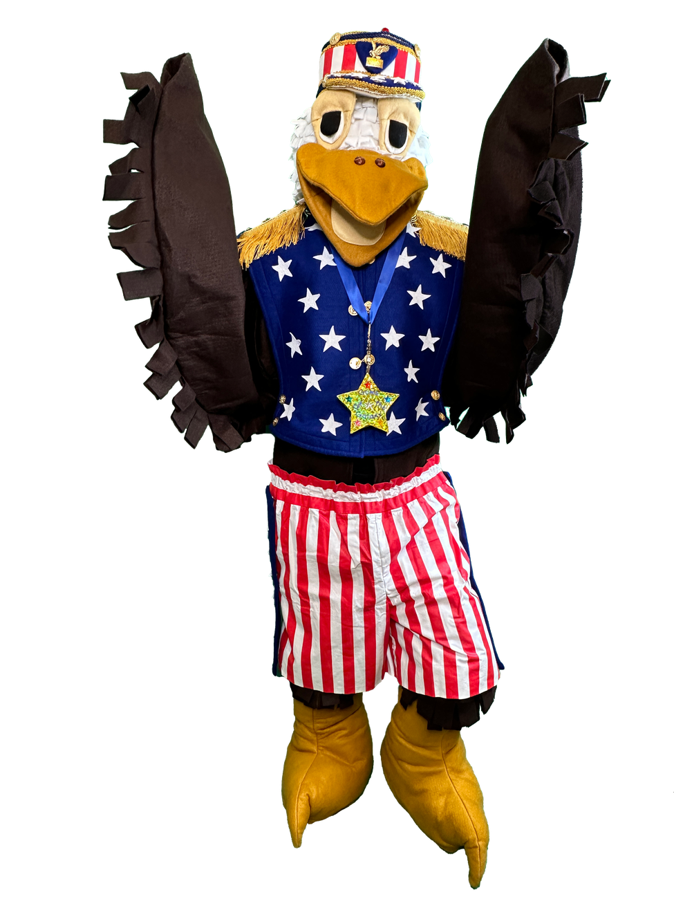 Scout Regal Eagle costumed character with wings raised high, wearing a patriotic red, white and blue outfit