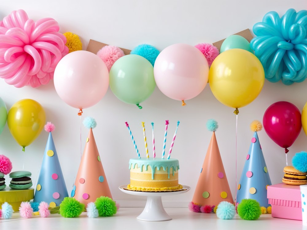 Colorful birthday party setup with balloons and a decorated cake