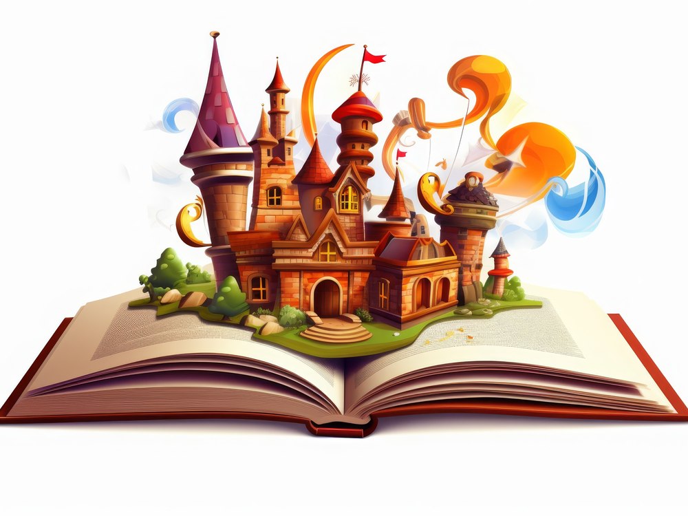Illustrated storybook castle rising out of an open book