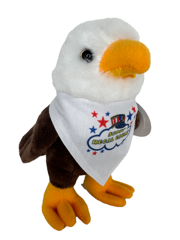 Scout Regal Eagle plush toy wearing a red, white and blue bandana